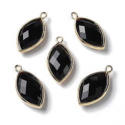 Obsidian Natural Obsidian Pendants, with Platinum Brass Edge, Faceted, Horse Eye, 22x12x5.5mm, Hole: 1.8mm