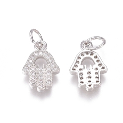 Platinum Brass Micro Pave Clear Cubic Zirconia Charms, with Jump Rings, Hamsa Hand/Hand of Fatima /Hand of Miriam, Platinum, 13x9x2mm, Jump Ring: 5x0.7mm, Inner Diameter: 3.6mm