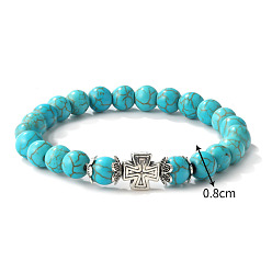 Cross Bracelets de perles de turquoise synthétique, Charmes en alliage de style bohème bracelets extensibles pour femmes, motif en croix, 6-3/4 pouce (17 cm), 8mm