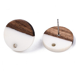 Creamy White Opaque Resin & Walnut Wood Stud Earring Findings, with 304 Stainless Steel Pin, Flat Round, Creamy White, 15mm, Hole: 1.8mm, Pin: 0.7mm