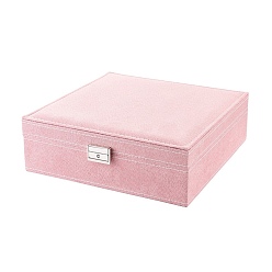 Pink Velvet & Wood Jewelry Boxes, Portable Jewelry Storage Case, with Alloy Lock, for Ring Earrings Necklace, Rectangle, Pink, 26.4x26.6x8.3cm