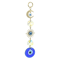 Golden Handmade Lampwork Evil Eye Pendant Decorations, with Glass Octagon and Brass Links, Moon & Sun, for Home Hanging Ornaments, Golden, 129mm, Hole: 10mm