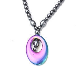 Rainbow Color Synthetic Non-magnetic Hematite Oval Pendant Necklace with Beaded Chains for Women, Rainbow Color, 18.31 inch(46.5cm)