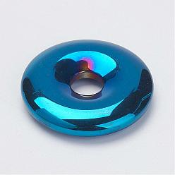 Blue Plated Non-Magnetic Synthetic Hematite Pendants, Donut/Pi Disc, Grade A, Blue Plated, 30x6mm, Hole: 7mm