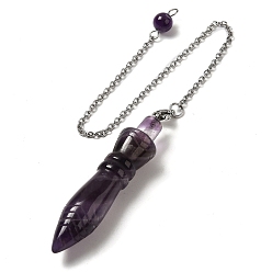 Amethyst Natural Amethyst Pointed Dowsing Pendulums, with 304 Stainless Steel Chains, Bullet Charm, 243mm, Bullet: 60x12.5mm, Hole: 3mm