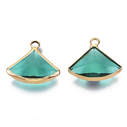 Medium Turquoise Transparent Glass Pendants, with Light Gold Plated Brass Findings, Faceted, Fan, Medium Turquoise, 16~17x19x6mm, Hole: 2mm