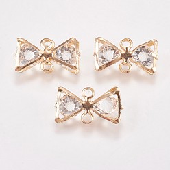 Light Gold Iron Links connectors, with Glass Rhinestone, Bowknot, Crystal, Light Gold, 12.5x22.5x7mm, Hole: 2mm