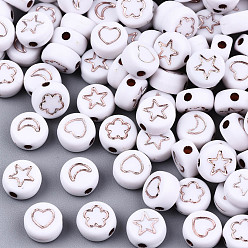 Rose Gold Plated Opaque White Acrylic Beads, Metal Enlaced, Flat Round with Rose Gold Star & Flower & Moon & Heart, 7x4mm, Hole: 1.5mm, about 3600pcs/500g