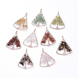 Mixed Stone Long-Lasting Plated Brass Pendants, Wire Wrapped Pendants, with Natural Mixed Gemstone Chips, Triangle with Tree, Rose Gold, 39~40x30~31x4~8mm, Hole: 4.5mm