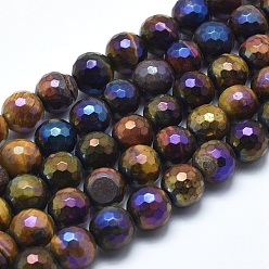 Tiger Eye Electroplated Natural Tiger Eye Beads Strands, Round, Faceted, 8mm, Hole: 1mm, about 48~49pcs/strand, 15.1~15.5 inch(38.5~39.5cm)