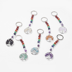 Mixed Stone Gemstone Chakra Keychain, with Alloy Key Rings and Brass Pendants, Ring with Tree of Life, Platinum, 123mm
