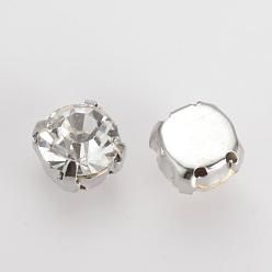 Platino Cose en el rhinestone, diamantes de imitación de cristal, perlas montee, con ajustes de puntas de latón, accesorios de prendas de vestir, plano y redondo, Platino, 7x5.5 mm, sobre 720 unidades / bolsa