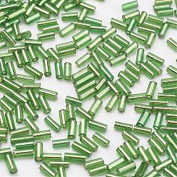 Lime Green Glass Bugle Beads, Silver Lined, Lime Green, 12x2mm, Hole: 0.5mm, about 5000pcs/bag