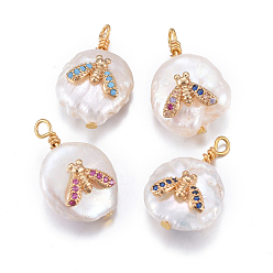 Mixed Color Natural Cultured Freshwater Pearl Pendants, with Brass Micro Pave Cubic Zirconia Findings, Nuggets with Insect, Golden, Mixed Color, 17~26x11~16x5~11mm, Hole: 1.6~2mm
