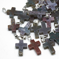 Indian Agate Natural Indian Agate Pendants, with Stainless Steel Snap On Bails, Cross, 29~30x18~19x5~6mm, Hole: 6x4mm