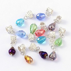 Mixed Color European Dangle Charms, with Alloy, Brass and Glass Findings, teardrop, Silver Color Plated, Mixed Color, Size: about 8mm wide, 29mm long, hole: 4.5mm