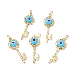 Light Sky Blue Handmade Evil Eye Lampwork Pendants, with Rack Plating Real 18K Gold Plated Brass Findings, Long-Lasting Plated, Flower Key with Heart, Light Sky Blue, 33x12x3.5mm, Hole: 4x7mm