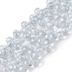 Bleu Acier Clair Transparentes perles de verre de galvanoplastie brins, facette, larme percée en haut, perle plaquée lustre, bleu acier clair, 10x7.5~8mm, Trou: 0.8~1mm, Environ 95~100 pcs/chapelet, 23.23~26.77 (59~68 cm)