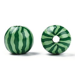 Vert Perles de fruits en bois naturel imprimé, rond avec motif pastèque, verte, 16x14.5mm, Trou: 3.5mm