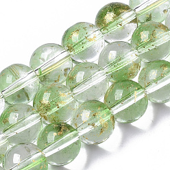Lime Green Transparent Spray Painted Glass Bead Strands, with Golden Foil, Round, Lime Green, 8~9mm, Hole: 1.2~1.5mm, about 46~56pcs/Strand, 14.37 inch~16.3 inch(36.5~41.4cm)