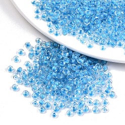 Deep Sky Blue 6/0 Glass Seed Beads, Transparent Inside Colours, Round Hole, Round, Deep Sky Blue, 6/0, 4~5x2.5~4.5mm, Hole: 1.2mm, about 4500pcs/bag