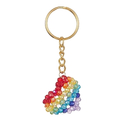 Colorful Glass Beaded Pendant Keychain, Iron Split Key Rings, Heart, Colorful, 8cm