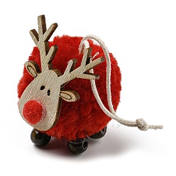 FireBrick Christmas Themed Plush & Wood Deer Ball Pendant Decoration, Jute Rope Hanging Ornament, FireBrick, 108mm