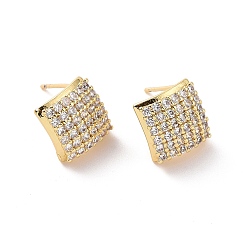 Real 18K Gold Plated Clear Cubic Zirconia Rhombus Stud Earrings, Brass Jewelry for Women, Real 18K Gold Plated, 14x14mm, Pin: 0.7mm