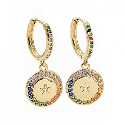 Golden Colorful Cubic Zirconia Star Dangle Hoop Earrings, Brass Jewelry for Women, Golden, 29.5mm, Pin: 1mm