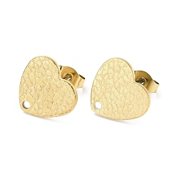 Real 18K Gold Plated Ion Plating(IP) 304 Stainless Steel Stud Earring Findings, with Ear Nuts, Textured Heart, Real 18K Gold Plated, 12x13mm, Hole: 1.5mm, Pin: 0.7mm