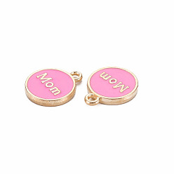 Pearl Pink Alloy Enamel Charms, Cadmium Free & Lead Free, Light Gold, Flat Round with Mom, Pearl Pink, 14.5x12x2mm, Hole: 1.4mm