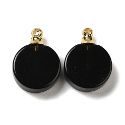 Obsidian Natural Obsidian Perfume Bottle Pendants, Flat Round Charms with Golden Plated 304 Stainless Steel Findings, 27.5x20x7~7.5mm, Hole: 2mm