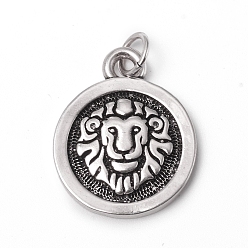 Lion Pendentifs en laiton, avec des anneaux de saut, plaqué longue durée, rond plat avec 12 constellation / signe du zodiaque, argent antique, leo, 18.5x15x2 mm, anneau de saut: 5x0.7 mm, diamètre intérieur: 3.6 mm