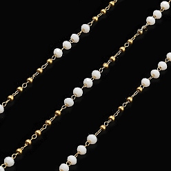 WhiteSmoke Rondelle Glass Beaded Link Chains, with Golden 304 Stainless Steel Paperclip Chains, Soldered, with Spool, WhiteSmoke, 3x2.5mm, 2mm, about 32.81 Feet(10m)/Roll