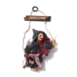 Gris Décorations suspendues en tissu de sorcière volante d'halloween, avec panneau de bienvenue en bois, pour la décoration du bar du festival fantôme, grises , 284x117x35mm, Trou: 15mm