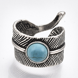 Antique Silver Alloy Cuff Finger Rings, with Synthetic Turquoise, Wide Band Rings, Feather, Antique Silver, US Size 8 1/2(18.5mm)