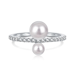 Real Platinum Plated Rhodium Plated 925 Sterling Silver Finger Rings with Cubic Zirconia, Pearl Beaded Ring with S925 Stamp , Real Platinum Plated, 1.4mm, US Size 7(17.3mm)