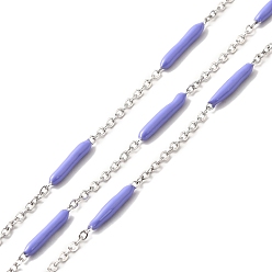 Cornflower Blue Enamel Column Link Chains, with 304 Stainless Steel Cable Chains, Unwelded, with Spool, Cornflower Blue, 14~17x2~3mm and 1.5x2x0.5mm, about 32.81 Feet(10m)/Roll