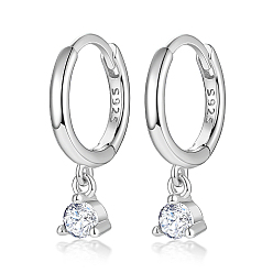 Clear Rhodium Plated Platinum 925 Sterling Silver Hoop Earrings, with Cubic Zirconia Diamond Charms, with S925 Stamp, Clear, 17mm