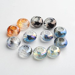 Couleur Mélangete 98 facettes verre electroplated perles européennes, Perles avec un grand trou   , pas de noyau métallique, rondelle, couleur mixte, 14x8mm, Trou: 5mm