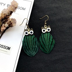 Green Alloy Owl with Feather Dangle Earrings, Long Drop Earrings for Women, Green, 50x50mm