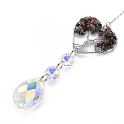 Tourmaline Natural Tourmaline Big Pendants, with Platinum Brass Chain Extender and Findings, Plating Glass Teardrop & Flower, Clear AB Color, Heart with Tree of Life, 130mm, Hole: 4mm