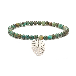 Turquoise D'australia Bracelet extensible en perles rondes en turquoise australienne naturelle (jaspe) avec breloque feuille, bijoux en pierres précieuses pour femmes, diamètre intérieur: 2-1/4 pouce (5.6 cm)