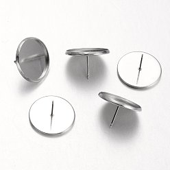 Stainless Steel Color Flat Round 304 Stainless Steel Stud Earring Settings, Stainless Steel Color, Tray: 14mm, 16mm, Pin: 0.7mm