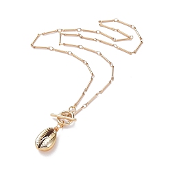 Golden Pendant Necklaces, with Brass Bar Link Chains, Copper Wire, Electroplated Cowrie Shell Beads and 304 Stainless Steel Toggle Clasps, Golden, 17.13 inch(43.5cm)