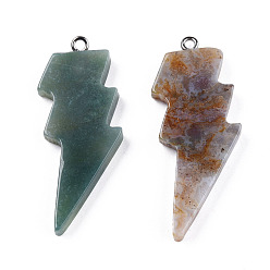 Moss Agate Natural Moss Agate Pendants, Lightning Bolt Charm, with Stainless Steel Color Tone 304 Stainless Steel Loops, 40~44.5x17~20x4.5~6mm, Hole: 2mm