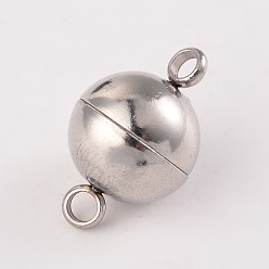 Stainless Steel Color Round 304 Stainless Steel Magnetic Clasps with Loops, Stainless Steel Color, 15x10mm, Hole: 2mm