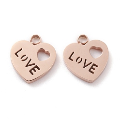 Rose Gold Ion Plating(IP) 304 Stainless Steel Charms, Laser Cut, Heart with Word Love, for Valentine's Day, Rose Gold, 12.5x11x1.5mm, Hole: 1.8mm