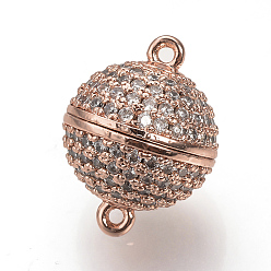 Rose Gold Brass Micro Pave Cubic Zirconia Magnetic Clasps with Loops, Round, Rose Gold, 14x10mm, Hole: 1mm