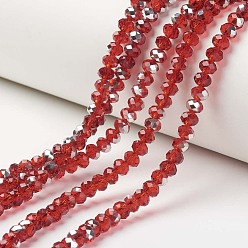 Red Electroplate Transparent Glass Beads Strands, Half Silver Plated, Faceted, Rondelle, Red, 6x5mm, Hole: 1mm, about 92~94pcs/strand, 17~17.5 inch(42.5~43.75cm)
